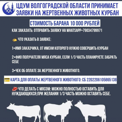 ЦДУМ Волгоградской области принимает заявки на жертвенных животных Курбан  Стоимость барана 10 000 рублей  ❓Как заказать: отправить заявку на WhatsApp+79034799971  ✍️ Что указать в заявке:  1⃣ Имя заказчика, от имени которого нужно совершить курбан 2